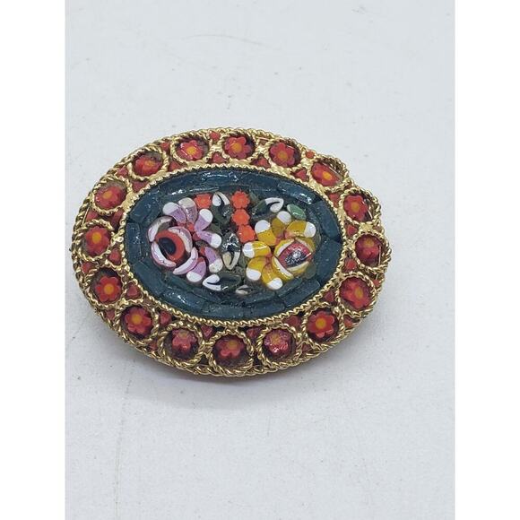 Vintage Italian Micro Mosaic Floral Brooch Pin Oval Glass Flowers millefiori - Picture 5 of 16